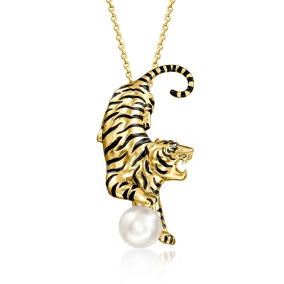 Ross-simons 18kt Gold Over Sterling And Black Enamel Tiger Pin/pendant Necklace With 8-8.5mm Cultured Pearl In Multi