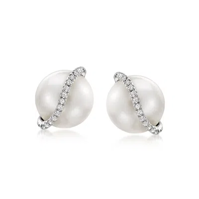 Ross-simons 8-8.5mm Cultured Pearl And Diamond-accented Swirl Earrings In Sterling Silver In White