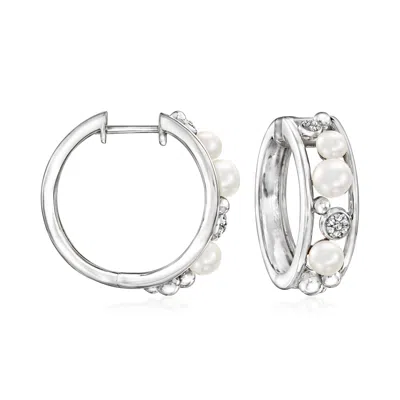 Ross-simons 3.5-5mm Cultured Pearl Hoop Earrings With Diamond Accents In Sterling Silver In White