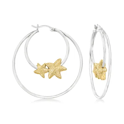 Ross-simons Two-tone Sterling Silver Starfish Double-hoop Earrings In White