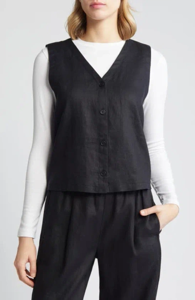 Eileen Fisher V-neck Button-down Organic Linen Vest In Black