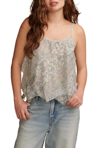 Lucky Brand Women's Printed Asymmetrical Ruffle Camisole Top In Egret Multi