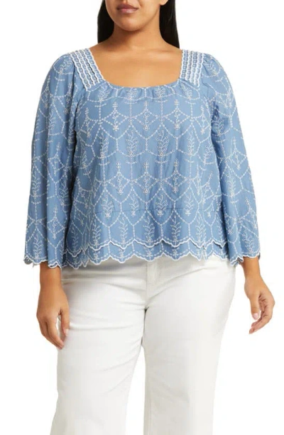 Caslon Pretty Embroidered Eyelet Cotton Top In Blue Coronet