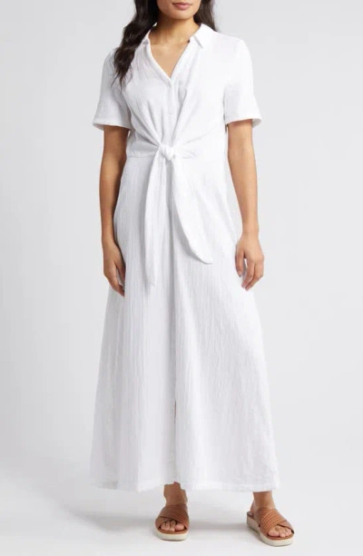 Caslon Vacation Tie Front Gauze Shirtdress In White