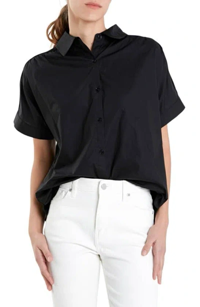 English Factory Mixed Media Button Front Top In Black