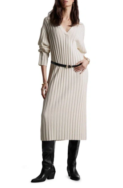 & Other Stories Long Sleeve Wool & Cotton Blend Rib Jumper Dress In White Dusty Light