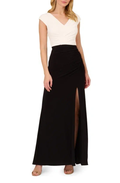 Adrianna Papell Pleated Cap Sleeve Gown In Black/ Ivory