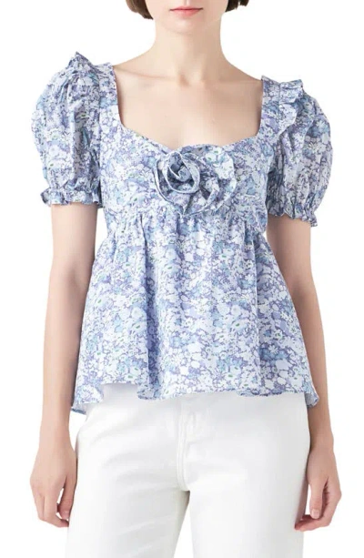 English Factory Floral Print Cotton Top In Blue Multi