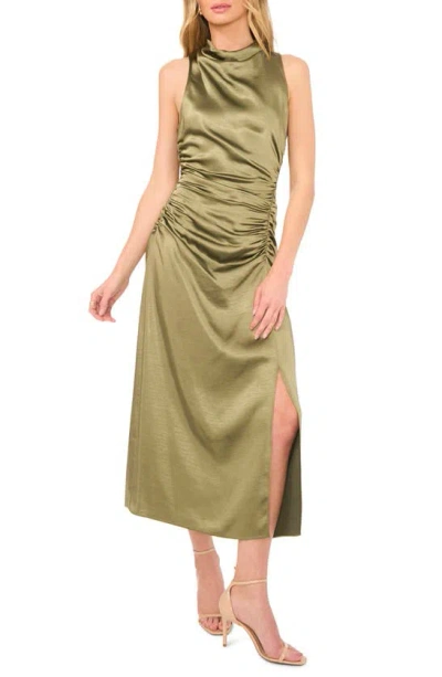 Parker The Ayla Ruched Satin Midi Dress In Chive Green