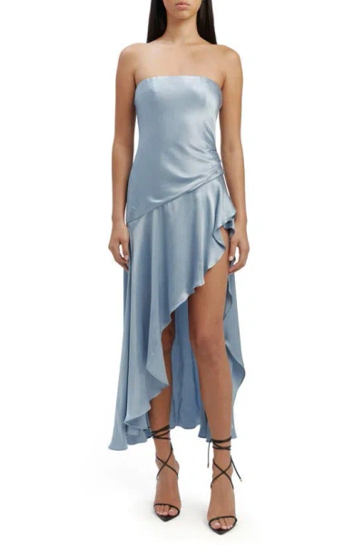 Bardot Lorenza Strapless Asymmetric Hem Satin Cocktail Dress In Dusty Blue