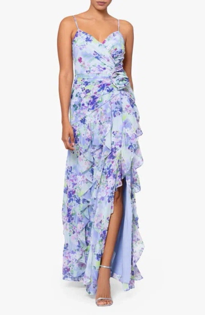 Xscape Floral Ruched Ruffle Gown In Peri,green