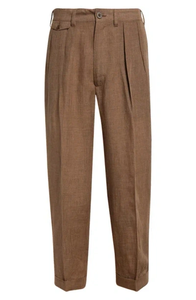 Beams Pleated Tapered Leg Linen Blend Trousers In Brown