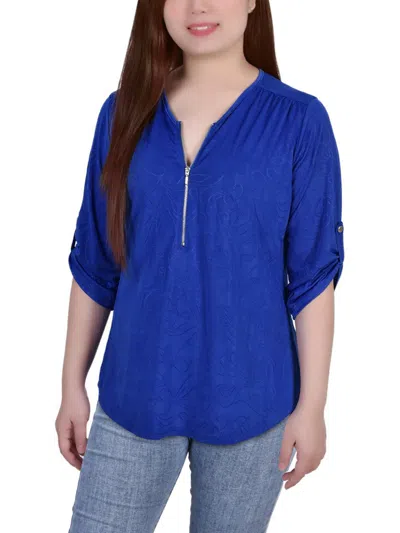 Ny Collection Petites Womens Pattern 1/2 Zip Blouse In Blue