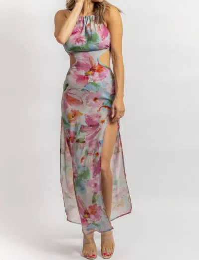 Olivaceous Floral Open Back Maxi Dress In Grey + Fuchsia