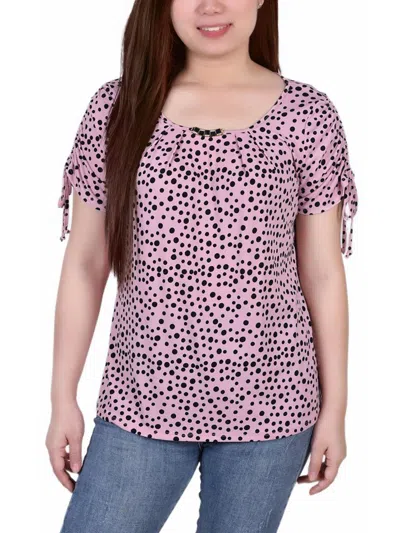 Ny Collection Petites Womens Embellished Pleated Blouse In Multi