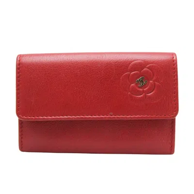 Pre-owned Chanel Camellia Leather Wallet () In Red