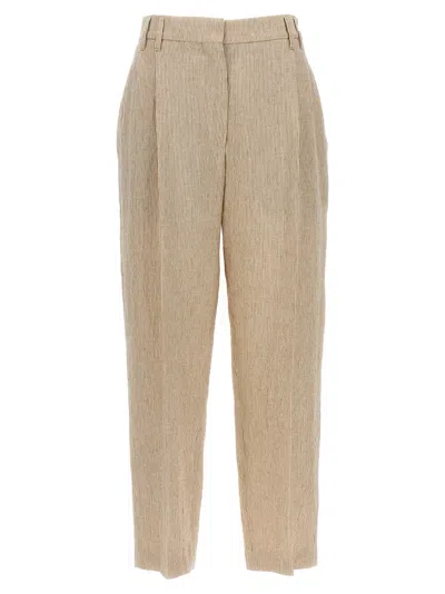 Brunello Cucinelli Striped Pleated Trousers In Brown