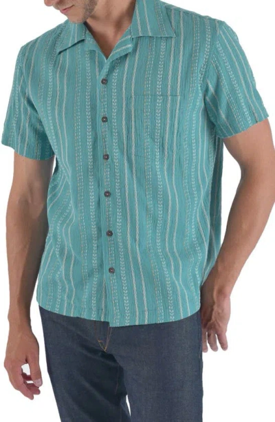 Hiroshi Kato The Wrench Stripe Double Gauze Camp Shirt In Summer Turquoise