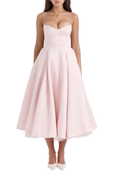 House Of Cb Mademoiselle Bustier Stretch Satin Midi Dress In Pink Salt