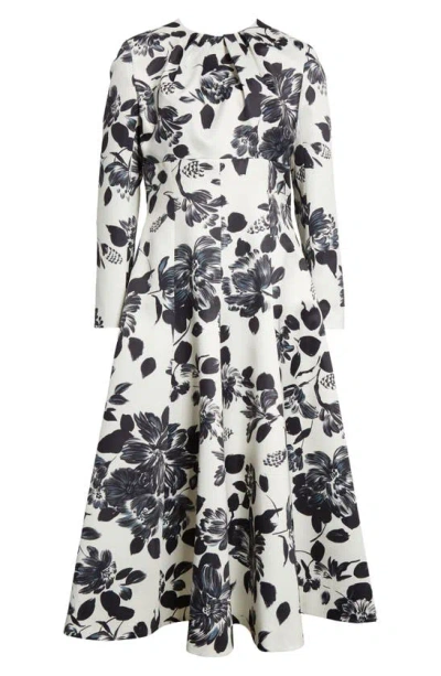 Emilia Wickstead Tris Floral Long Sleeve A-line Dress In Black Flowers On Ivory