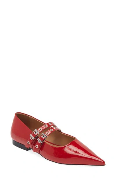Ganni Pointed Toe Mary Jane Flat In Red