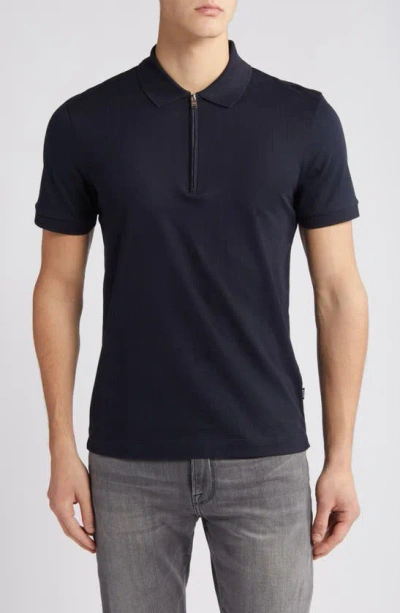 Hugo Boss Structured-cotton Slim-fit Polo Shirt With Zip Placket In Dark Blue