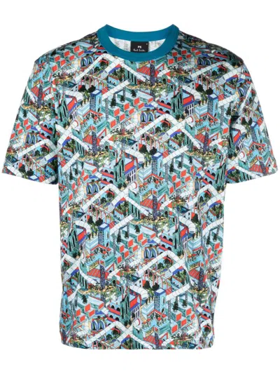 Ps By Paul Smith Printed Cotton T-shirt In Blue