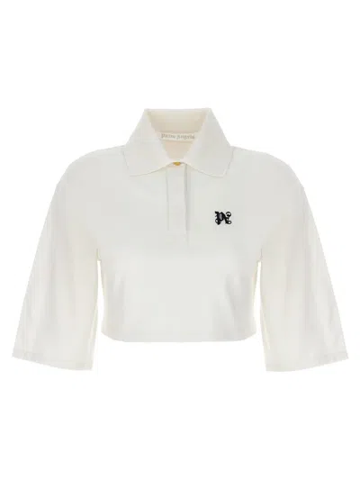 Palm Angels 'monogram' Crop Polo Shirt In White/black