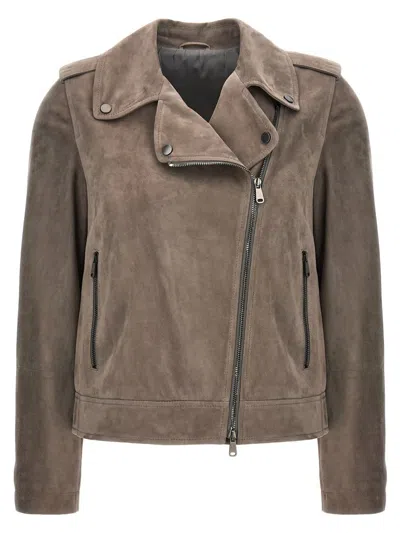 Brunello Cucinelli Suede Biker Jacket In Gray