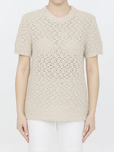 Bottega Veneta Crochet-knit Cotton T-shirt In Bone/cloud