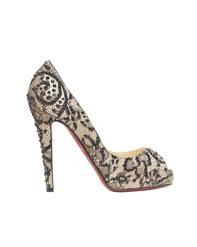 Christian Louboutin Very Prive 120 Nude Satin Black Lace Strass Platform In Grey
