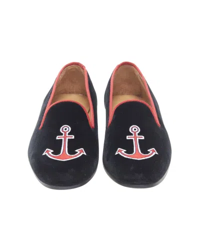 Other Designers Stubbs Wooton Black Velvet Red Sailor Embroidery Slip On Loafer Flats In Orange