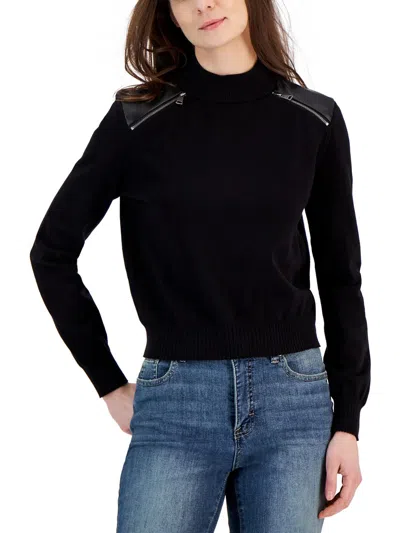 Dkny Jeans Womens Faux Trim Crewneck Pullover Sweater In Black
