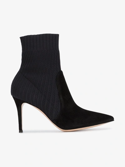 Gianvito Rossi 85mm Ribbed Knit & Suede Ankle Boots, Black In Black