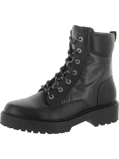 Calvin Klein Sallon Womens Faux Leather Round Toe Combat & Lace-up Boots In Black