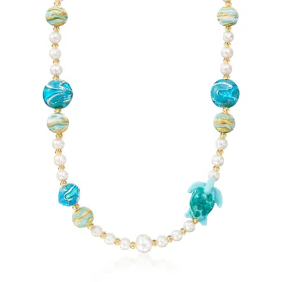 Ross-simons Italian Multicolored Murano Glass Turtle And Bead Necklace With 6-11mm Cultured Pearls In 18kt Gold  In Blue