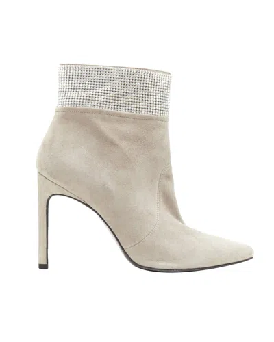 Stuart Weitzman Highbeams Grey Fossil Suede Crystal Embellished Bootie In White