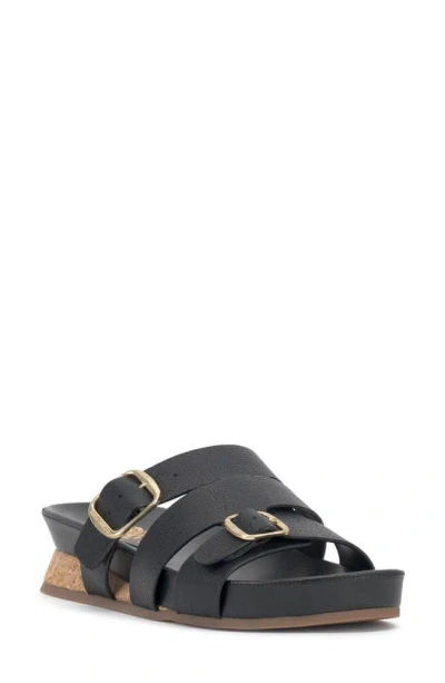 Vince Camuto Freoda Double Buckle Platform Slide Sandals In Black Leather