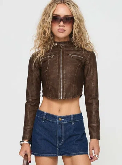 Princess Polly Soothing Faux Leather Biker Jacket In Washed Brown