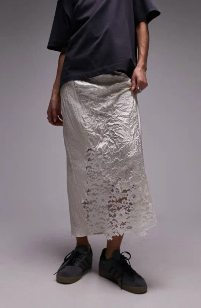 Topshop Crinkle Satin Lace Patchwork Skirt In Ivory-white