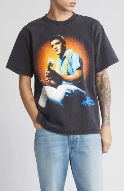 Id Supply Co Elvis Blue Hawaii Cotton Graphic T-shirt In Washed Black