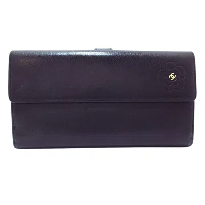 Pre-owned Chanel Camellia Black Leather Wallet  ()