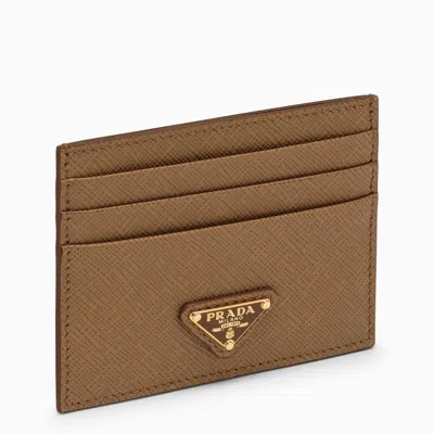 Prada Saffiano Leather Camel Card Holder Women In Cream