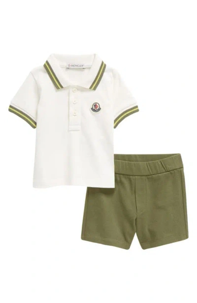 Moncler Babies' White And Green Polo Shirt And Shorts Set With Logo In Neutral