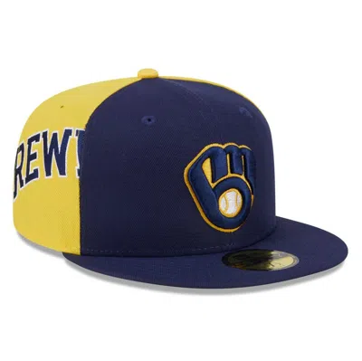 New Era Men's Navy/gold Milwaukee Brewers Gameday Sideswipe 59fifty Fitted Hat In Navy Gold