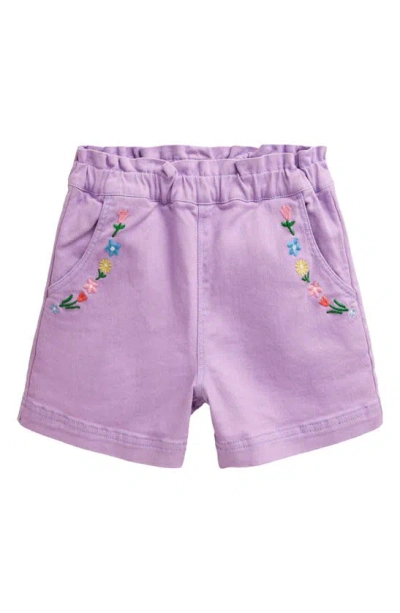 Mini Boden Kids' Floral Embroidered Cotton Denim Shorts In Crocus Purple Embroidery