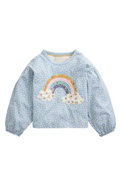 Mini Boden Kids' Floral Appliqué Puff Sleeve Cotton Sweatshirt In Vintage Blue Ditsy Rainbow