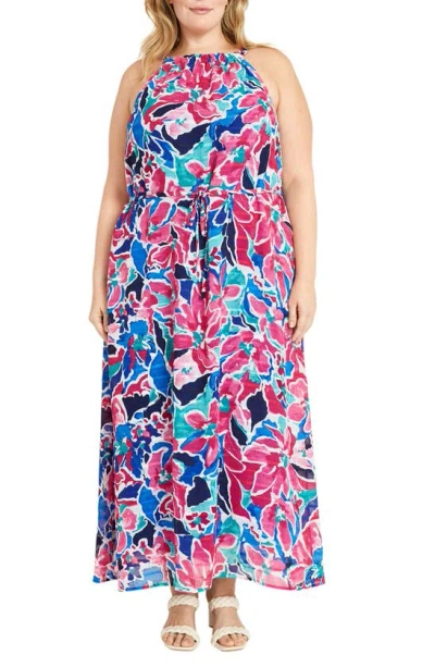 Maggy London Floral Tie Belt Maxi Dress In Soft White/ Raspberry