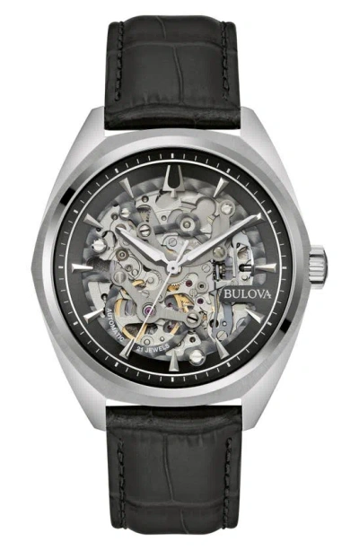 Bulova Men's Automatic Classic Surveyor Black Leather Strap Watch 41mm In Grey/black
