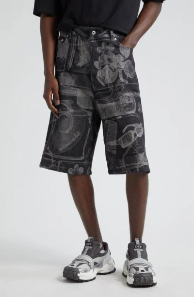 Off-white Denim Bermuda Shorts With X-ray Pattern In Black White No Color